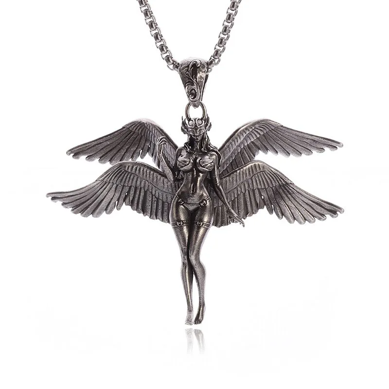 Gothic Angel Wings Goddess Pendant Necklace for Men Women Punk Hip Hop Trending Street Party Jewelry Gifts