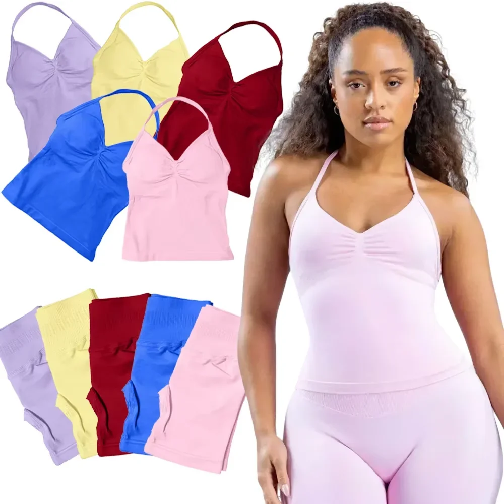 2피스 여성 요가 세트 심리스 임팩트 롱라인 스트랩 탱크탑 스크런치 스포츠 반바지 짐웨어 여성 여름 운동복