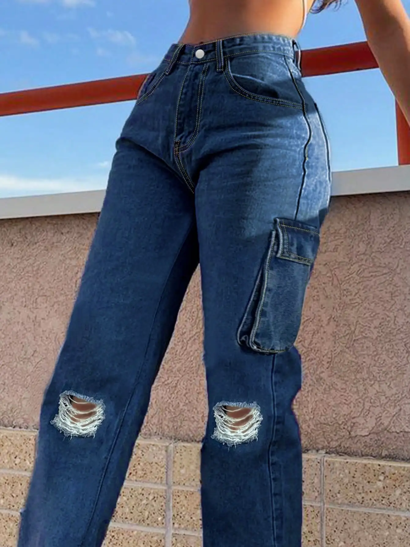 Women's Practical Straight Hole Denim Jeans - Mid Waist Comfortable Fit Jeans With Workwear Pockets, Suitable For Casual Or Work