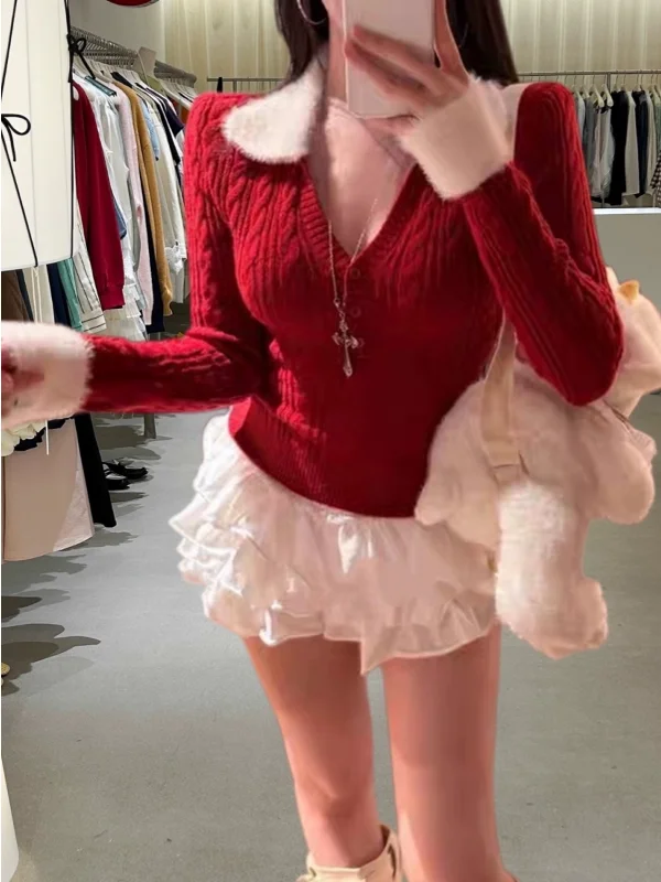 

plus Size Knitted Sweater V-Ne Long Sve Spiral Pattern Slimming Autumn Winter Faion Korean Sle Women's Casual Wear