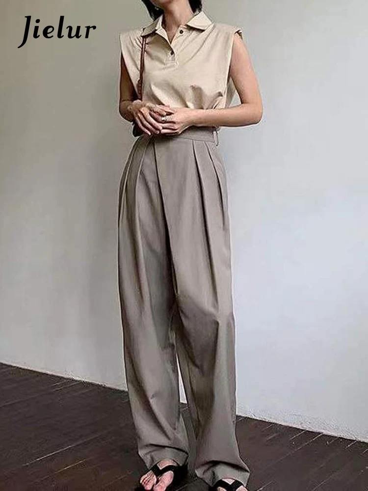 Jielur Khaki Wide Leg Women\'s Pants Baggy Classic Pants Vintage Office Lady Elegant Casual Trousers Female Work High Waist Pants