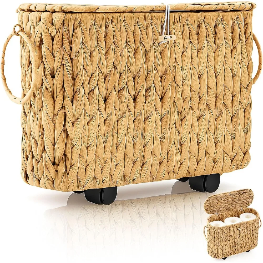 

Boho Style Wicker Toilet Paper Basket with Lid and Removable Wheels, Holds 9 Mega Rolls Slim Design