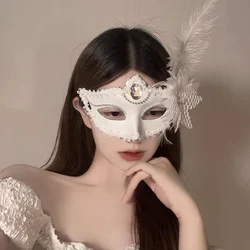 Feather Rhinestones Women Masquerade Mask Lace Flower Fashion Half Face Sexy Halloween Christmas Easter Cosplay Party Prom White
