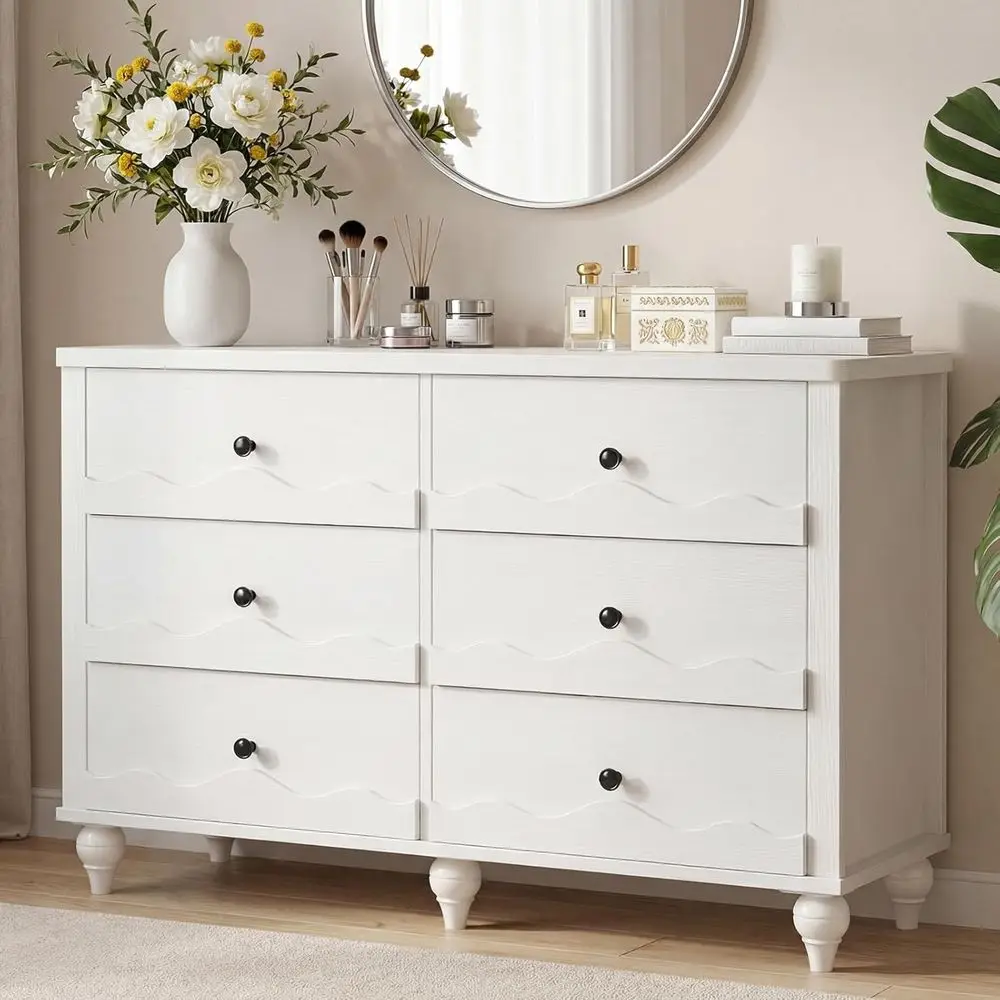 6-Drawer Bedroom Set with White Dresser, 6-Drawer Storage Dresser, and Scalloped Front Chest for Living Room and Hallway