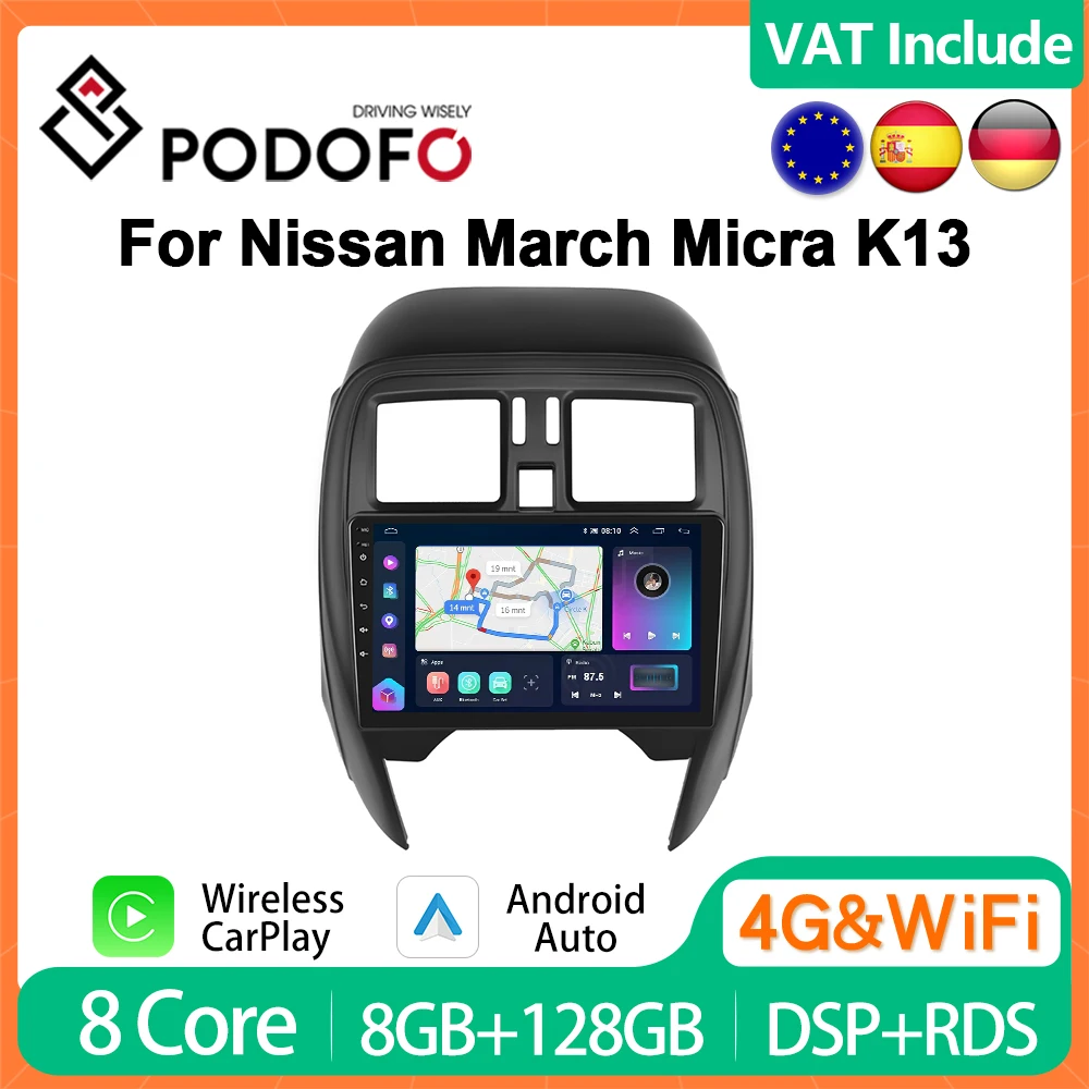 Podofo Carplay Android Auto Car Audio For Nissan March Micra 2010-2017 Intelligent Systems 2din Multimedia Player 4G BT Stereo