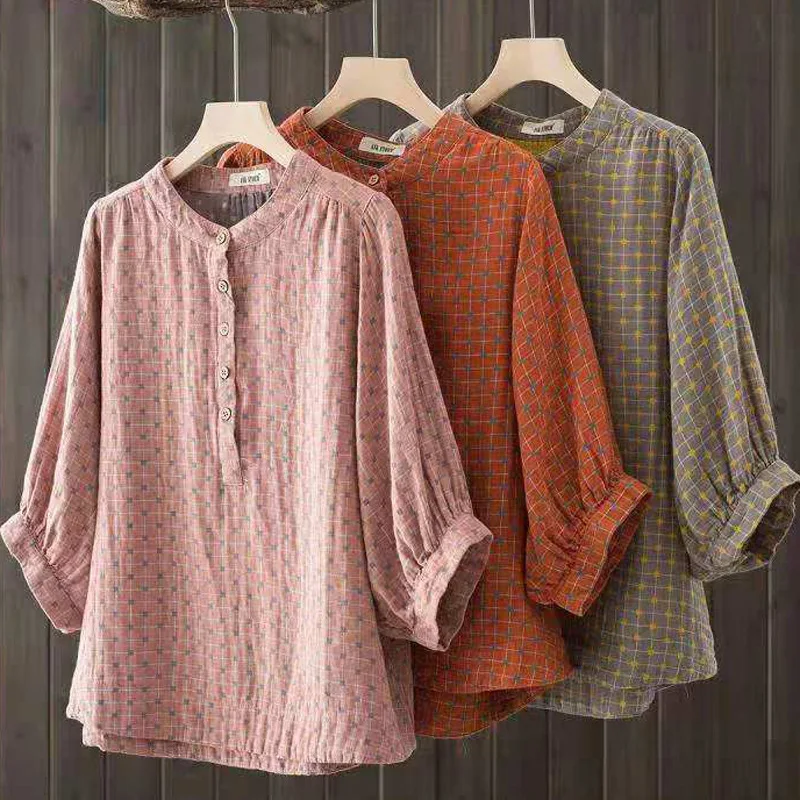 

Japanese Sweet Mori Girl Vintage Printed Shirts Women Summer Stand Collar Half Sleeve Casual Loose Pullover Blouse Tops