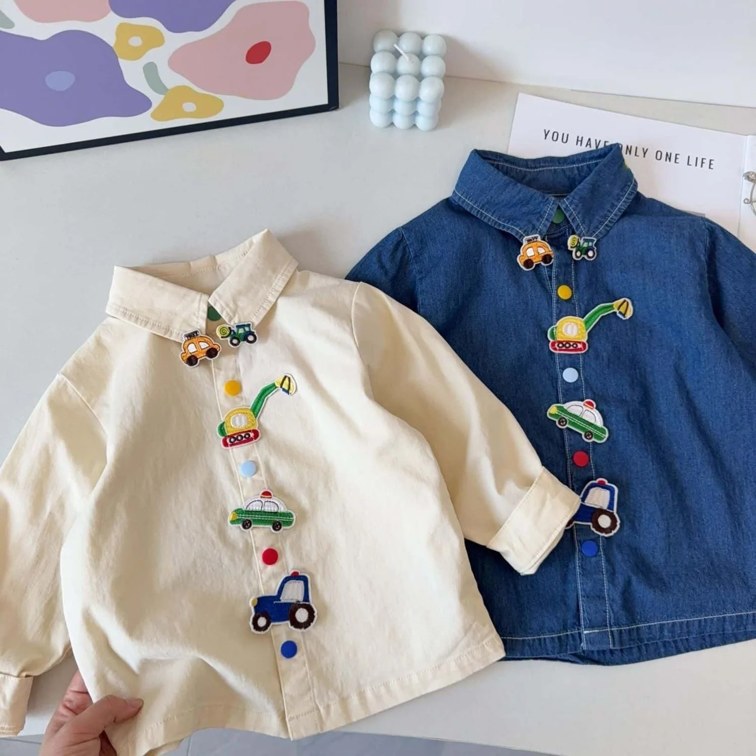 RAISE Spring 1-6Y Boys T-shirts Cotton Car Colorful Button Infant Babys Boys Shirts Cute Turn Down Collar Kids Boys Denim Shirts