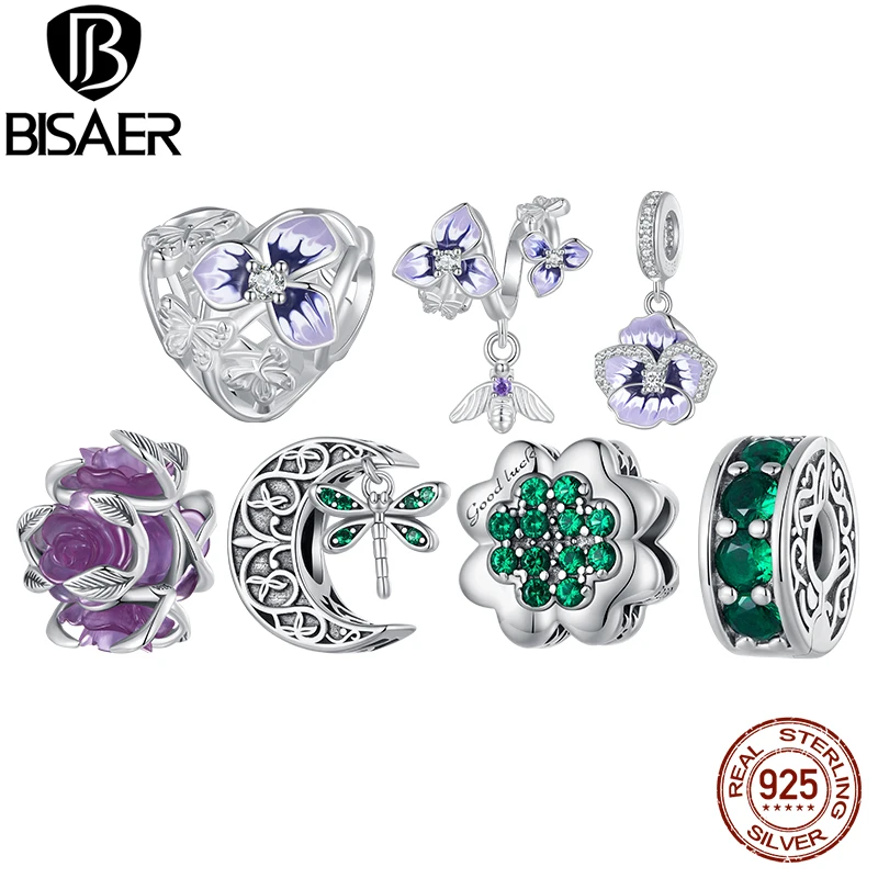 BISAER 100% 925 Sterling Silver Flower Color intercambiabile Charm Bead Lucky Four-Leaf Clover Pendant per le donne braccialetto fai da te