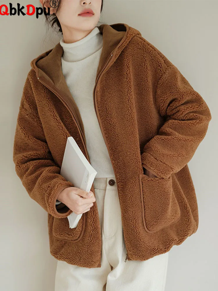

Hooded Lamb Wool Loose Outerwears Women Casual Zipper Design Thick Jackets Korean Fashion Long Sleeve Winter Warm Chaquetas Tops