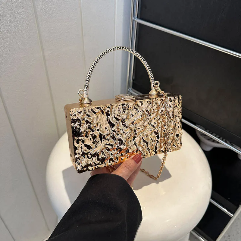 Metal Colour Box Design Women Party Clutch Bag 2023 New Shoulder Chain Purse Handbags Female Gold Crossbody Bag With Handle