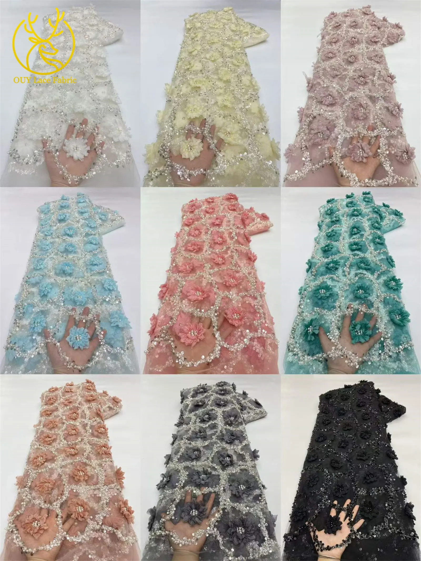 Elegantes Abendkleid 3D-Blumen-Spitzenstoff Afrikanischer Pailletten-Perlen-Spitzenstoff Hochwertiger Nigerianischer Französischer Tüll-Spitzenstoff – Detail 3