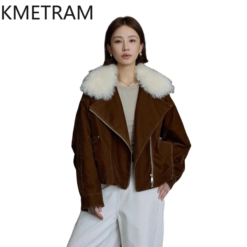 

KMETRAM White Goose Down Jacket Woman Wool Collar Brown Short Parka Women Clothing Puffer Jackets 2025 Winter Outerwears шуба