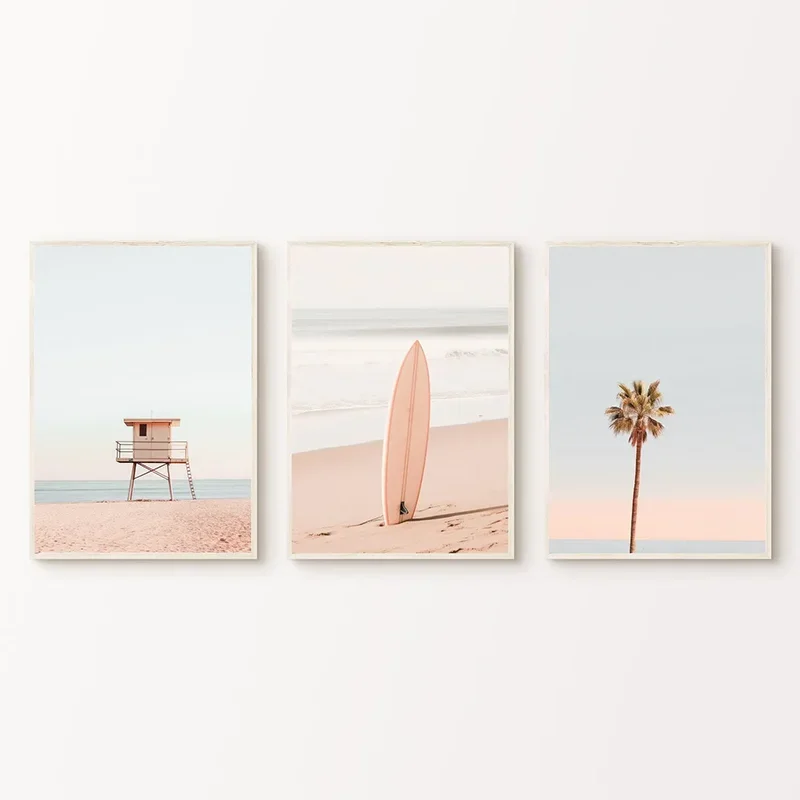 Multi-size 3PCS frameless high-definition decorative paintings,3PCS Pastel Beach Canvas Print, Coastal Surfboard Palm Tree Art F