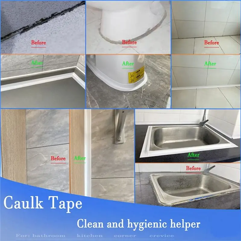 DT17 Waterproof Caulk Tape, Self Adhesive Caulking Sealant Strip for Bathtub Toilet Sink Kitchen, 3.2M White PVC