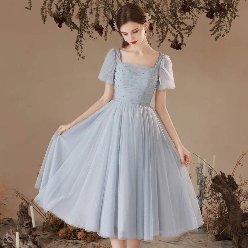 

Customized Gray Bubble Sleeve Tea Length Bridesmaid Dresses Elegant Evening Party Dress Pearl Beads Prom Gown Robe De Soiree