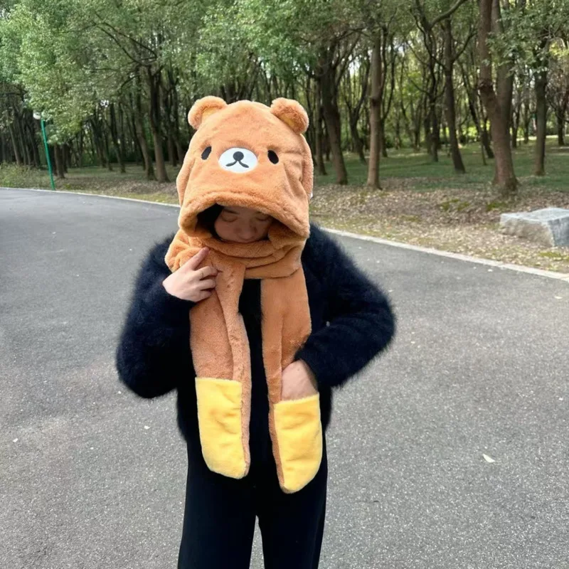 Cute Rilakkuma Plush Hooded Scarf Gloves Winter Warm Thick Fleece Hat 3 In 1 Earflap Cap Neck Warmer for Women Kids Gift