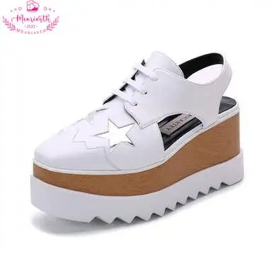 Rivet Decor Wedges Runway Shoes Woman Ankle Strap High Platform Genuine Leather Summer Sandals For Girls Stars Women Casuals