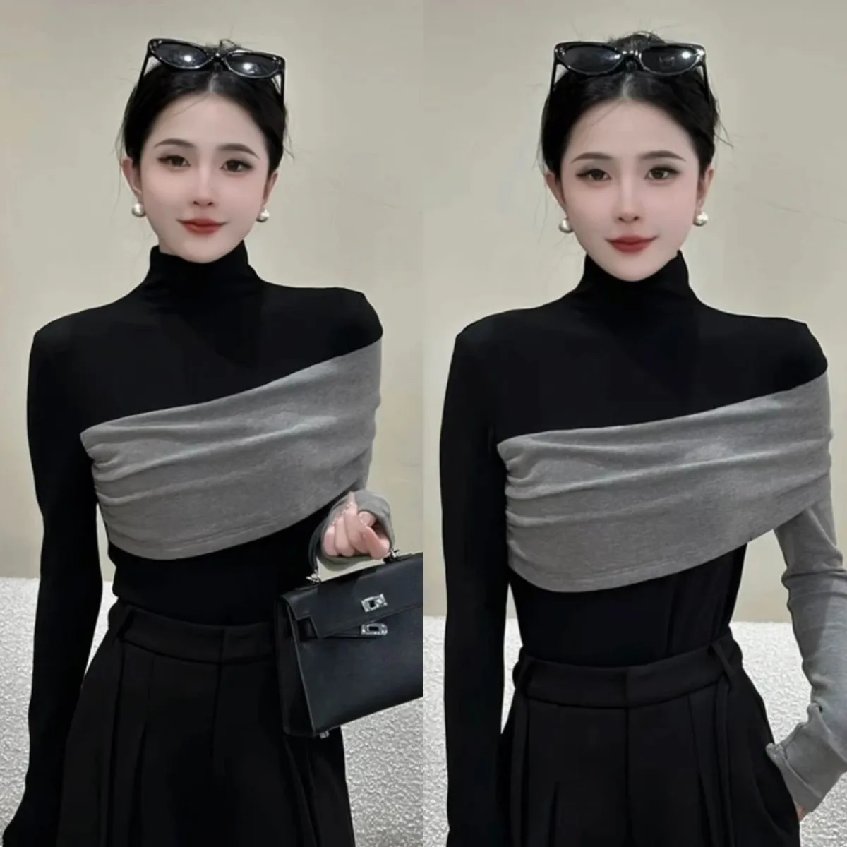 Slimming Effect Half High Collar Long Sleeve T-Shirt Women's Early Autumn Base Shirt Top Color Block Irregular Princess Style