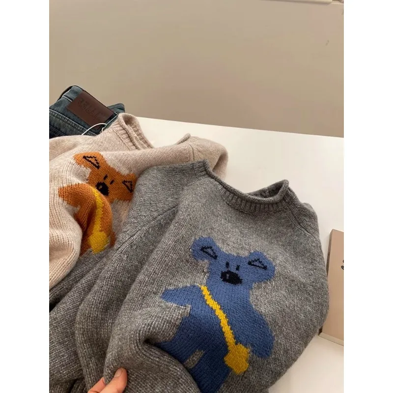 겨울철 여성용 한국 만화 곰 자카드 스웨터, 루즈핏 슬림 라운드넥 풀오버 니트 상의