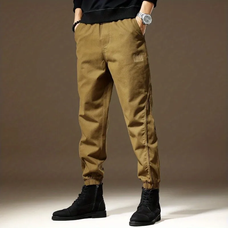 Autumn and Winter Men's Solid Color Elastic Waist Pocket Loose Fit Straight Barrel Workwear Leggings Fashion Commuter Pants