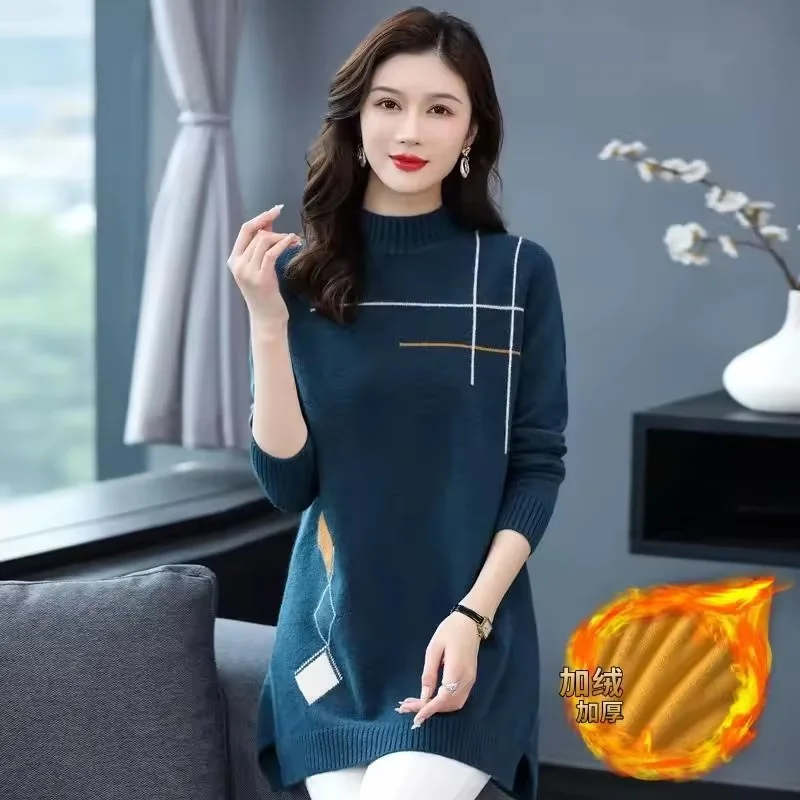 2026 Autumn Winter New Fashion Sweater Skirt Female Long Coat Women Pullover Jacket Add Velvet Padded Knitwear Bottoming Shirt