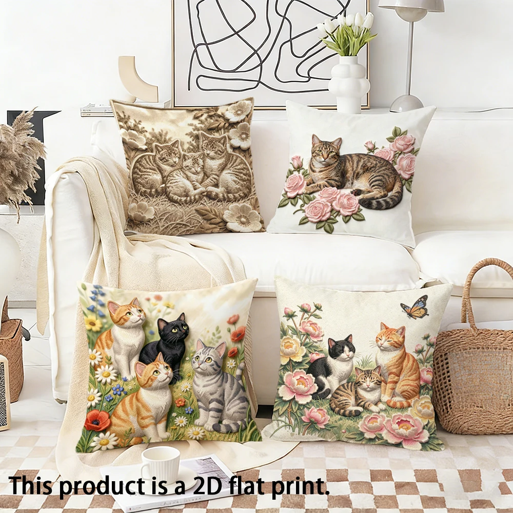 1/4pcs Cute Cat-Patterned Pillowcases for Cozy Decor Sofa bed cushion cover home bedroom decoration, 2D flat printing