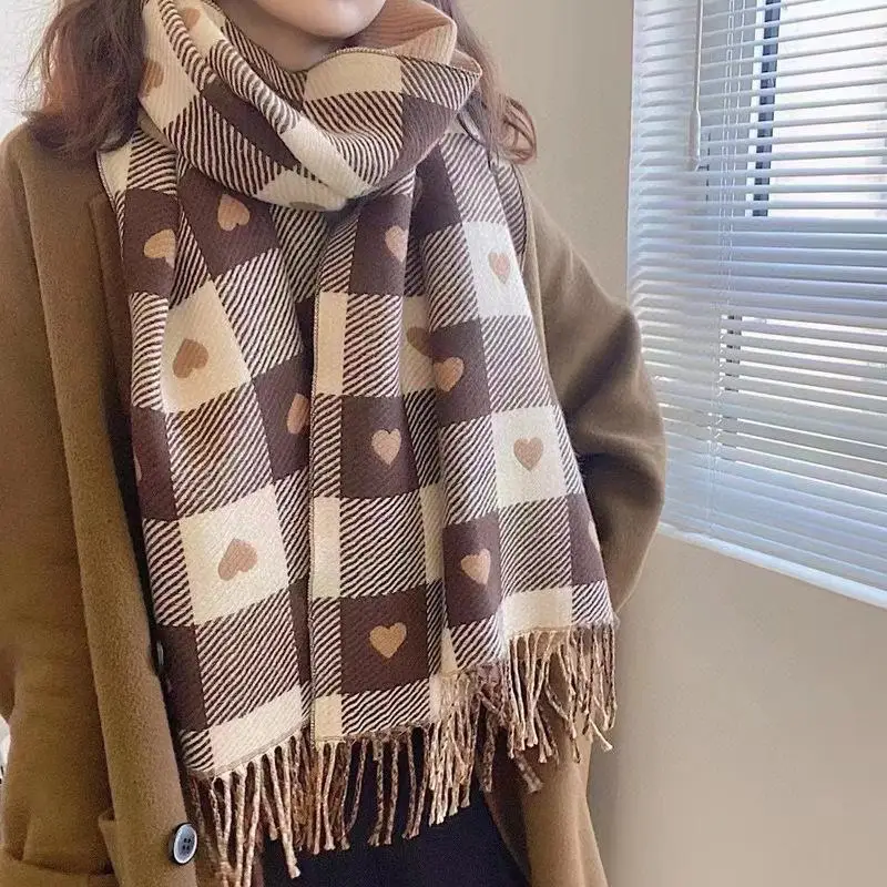 

Thickened Long Winter Scarf Women's Heart Pattern Scarf Korean Style Versatile Student Warmth Neck Warmer E11408