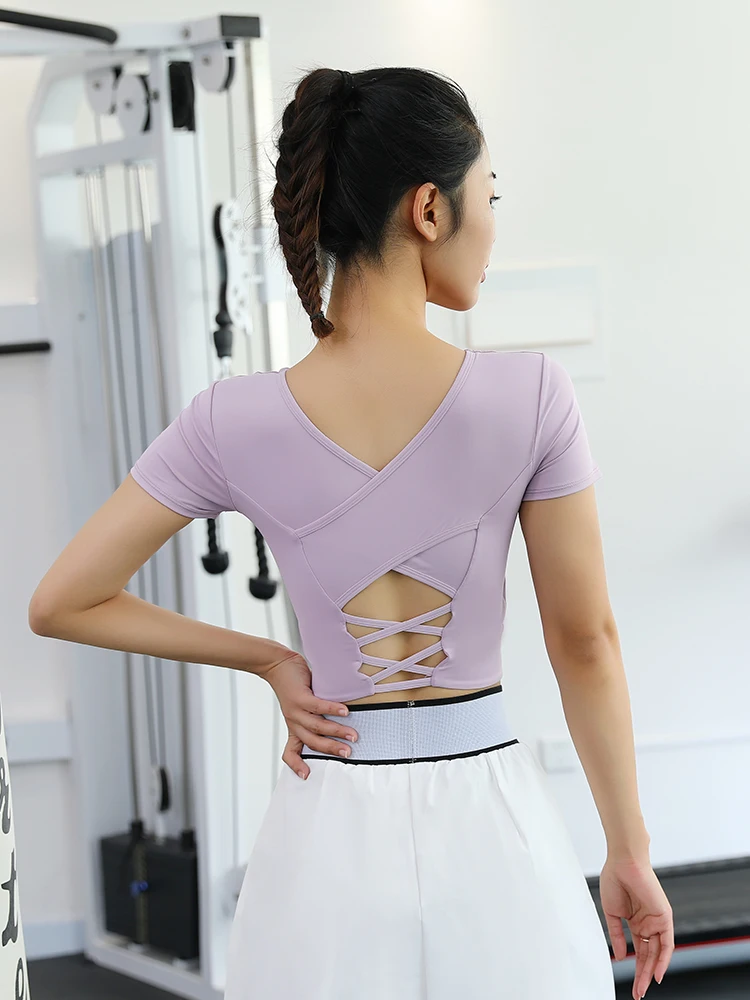 Fashion Crop Top Back Cross Open Back Design Crew Neck Breathable Quick Dry High Elastic Yoga Tank Top For Women