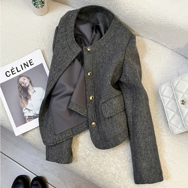 Wysokiej jakości szary, pachnący krótki płaszcz damski na jesień i zimę, w stylu koreańskim, prosty, casualowy, do biura, francuski płaszcz tweedowy.