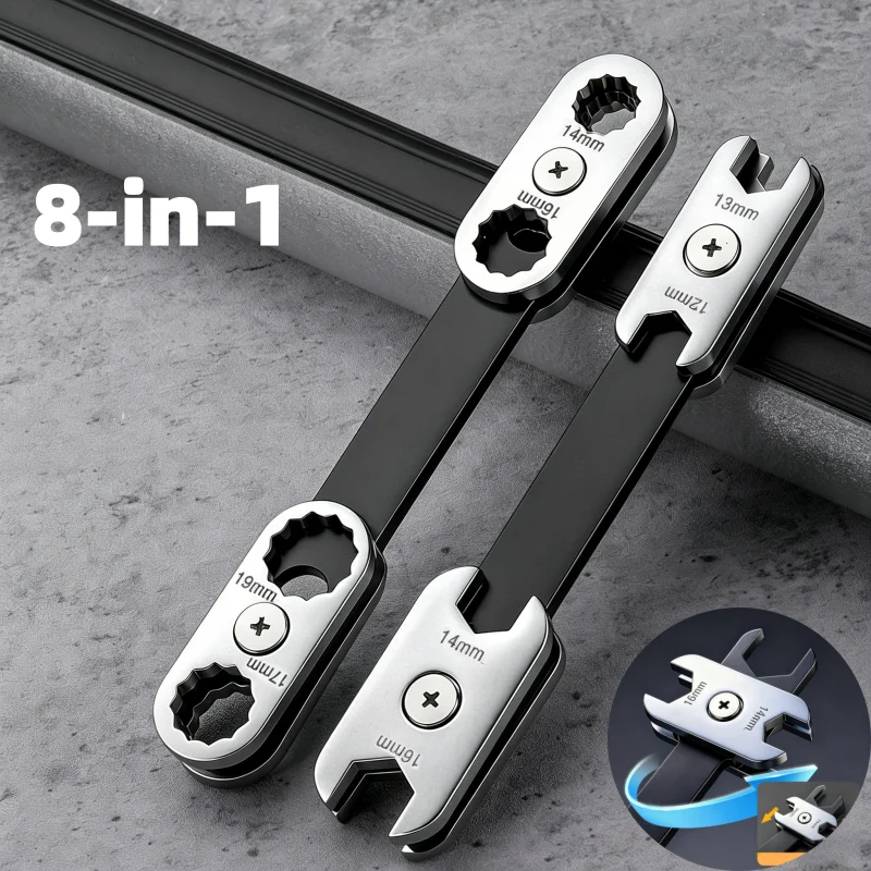 8-in-1 Multi-Function Universal Wrench Set, 360° Rotating Socket Wrench (6-19mm) for Auto & Motorcycle