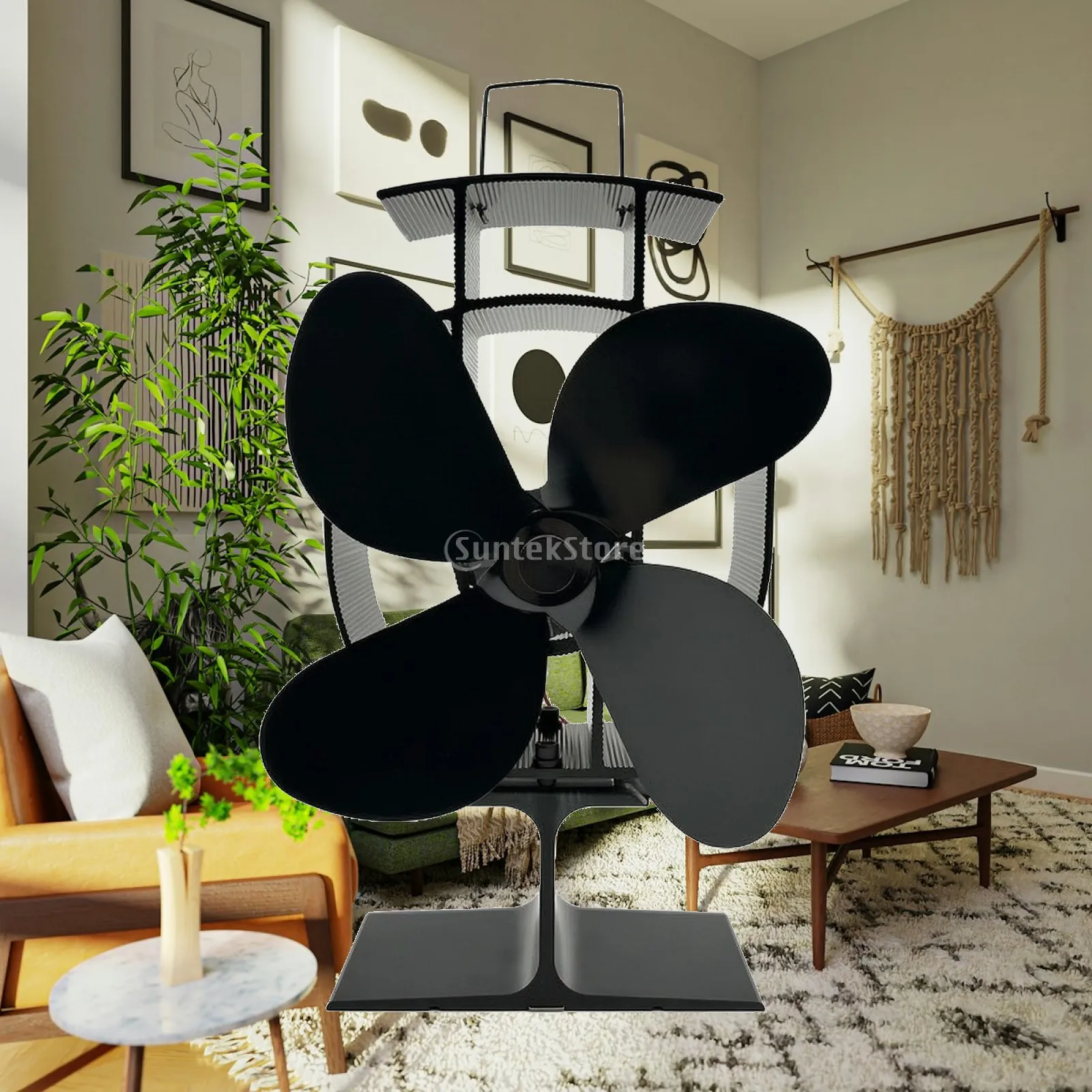 Black Heat Powered Fireplace Fan for Wood Stove Aluminum Alloy Body Quiet Cordless Eco Friendly Warm Air Circulator