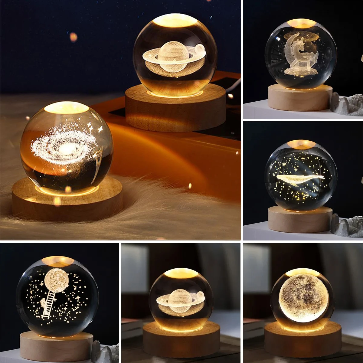 3D Crystal Lights Glowing Planetary Galaxy Astronaut Crystal Ball Night Lights USB LED Table Lamp Bedroom Decoration Kid Gifts