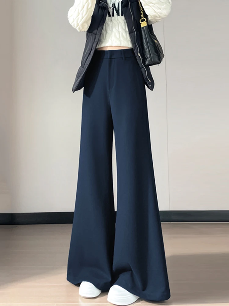 

Женские шерстяные брюки с высокой талией, на флисовой подкладке, широкие прямые, повседневные, осенне-зимние, новые, в пол, микрофлисовые