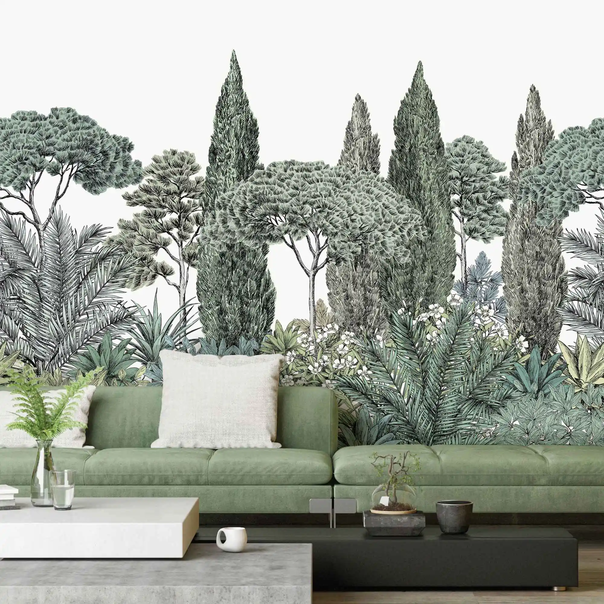 Riviera Natural landscape wallpaper in Naturel Green with pines, bushes, grass spread in Nature Color