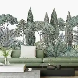 Riviera Natural landscape wallpaper in Naturel Green with pines, bushes, grass spread in Nature Color