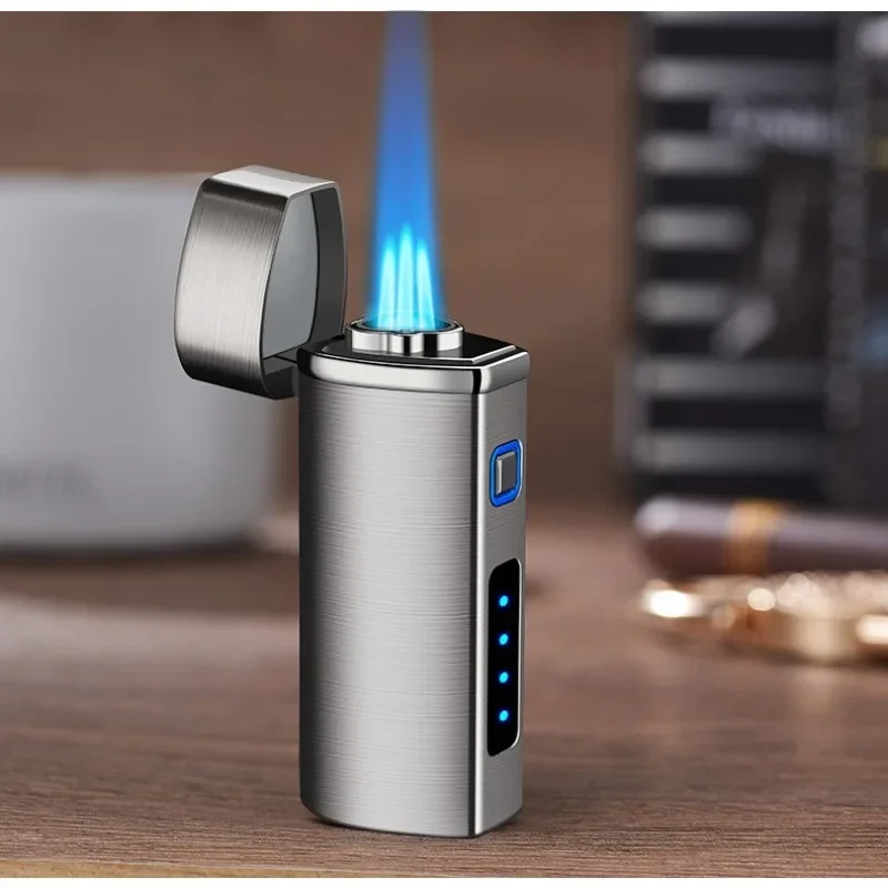 Three-head Direct-injection Blue Flame Cigar Lighter Gas-electricity Electricity Display All-in-one Electronic Induction Lighter