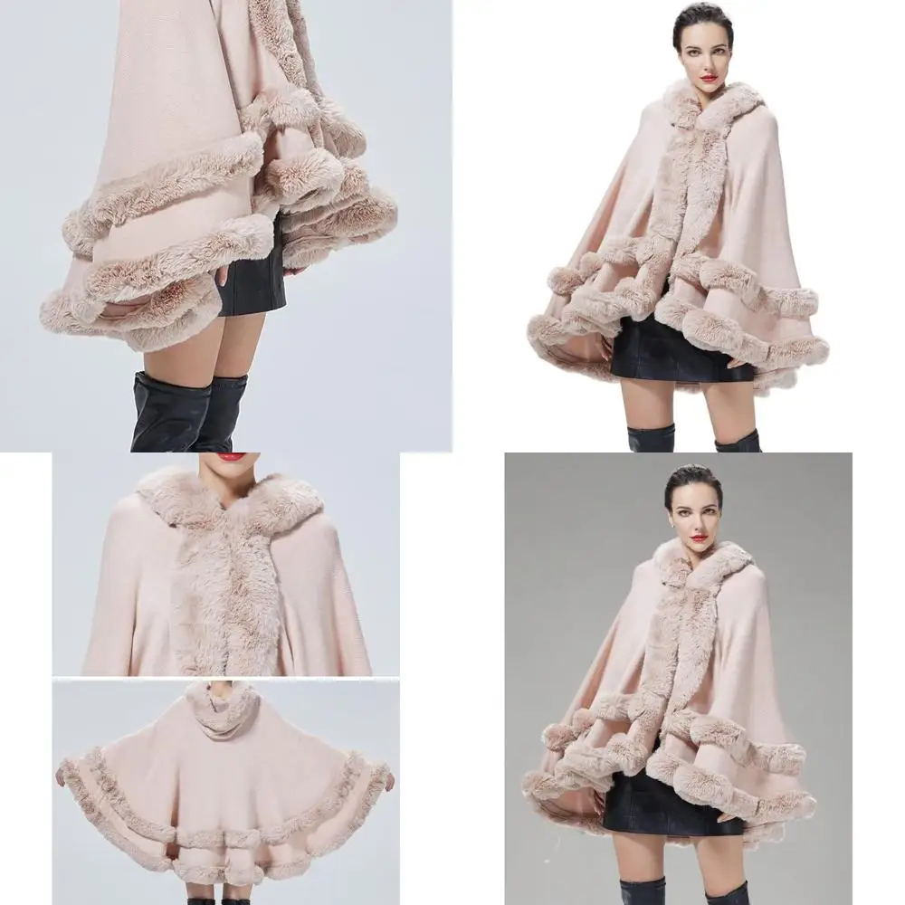

Faux Fur Hooded Poncho with Trimmed Sleeveless Shawl - Elegant Fur-Trimmed Cardigan Cloak