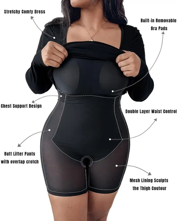 Pescoço quadrado barriga controle bunda levantador coxa mais magro corpo inteiro shaper bodycon vestido dupla camada embutido shapewear vestido com nervuras