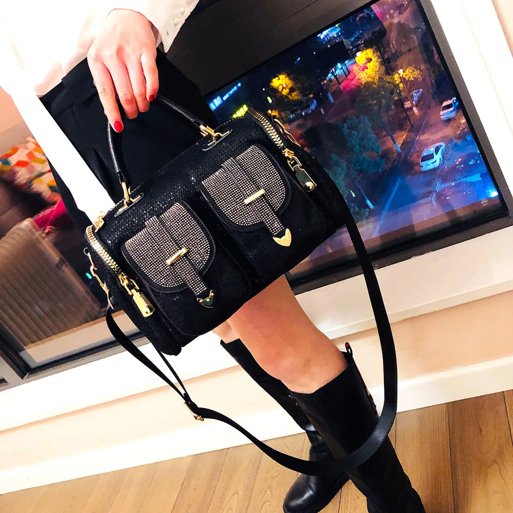 Female Fashion Mesh Netting Diamonds Multi-pockets Messenger Bag 2024 Women Trends Shiny Rhinestone Boston Satchel Shoulder Bag