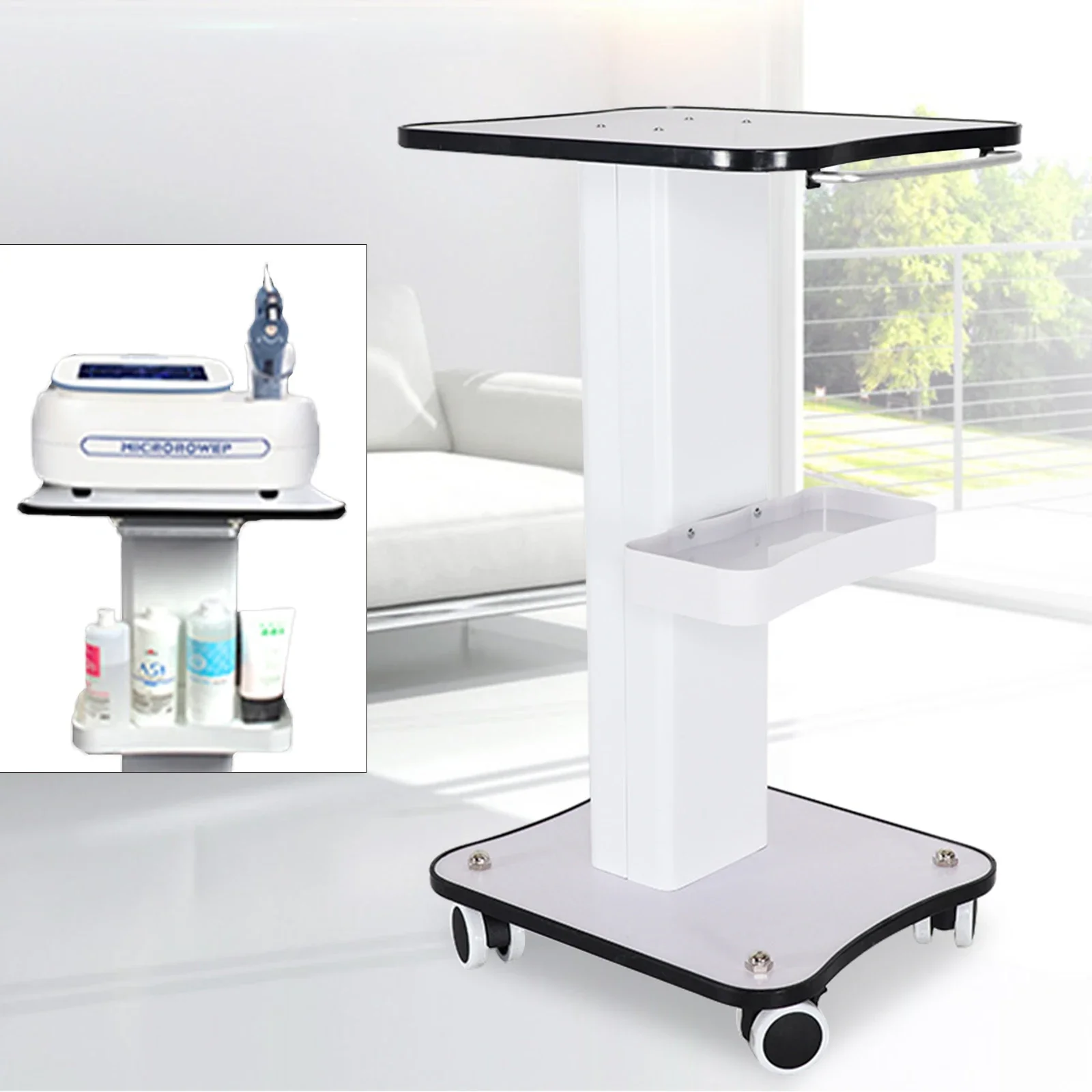 Double Layers ABS Salon Cart with Handle and 4 Wheels Beauty Trolley Stand for Barbershops Studio