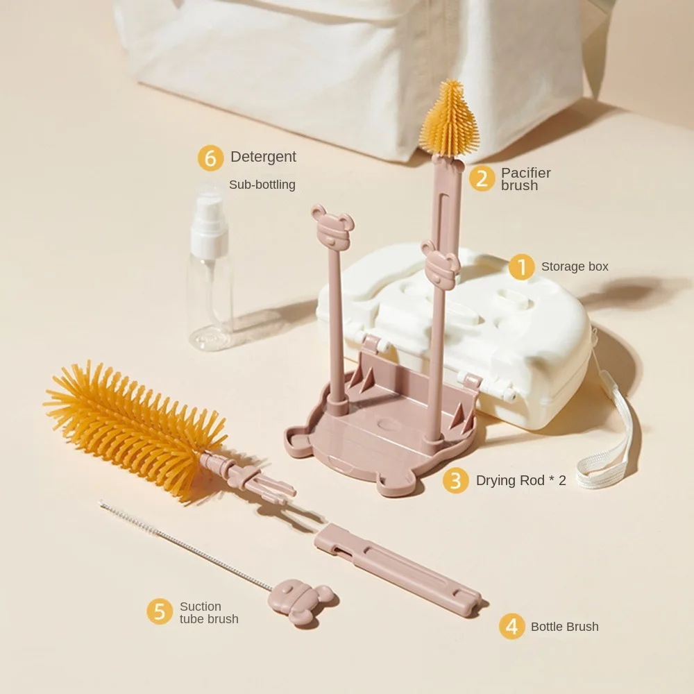 

Multifunctional Bottle Cleaning Brush Set 8 in 1 Lion Baby Bottle Brush Kit Bear Silicone Pacifier Straw Scrubber Outdoor