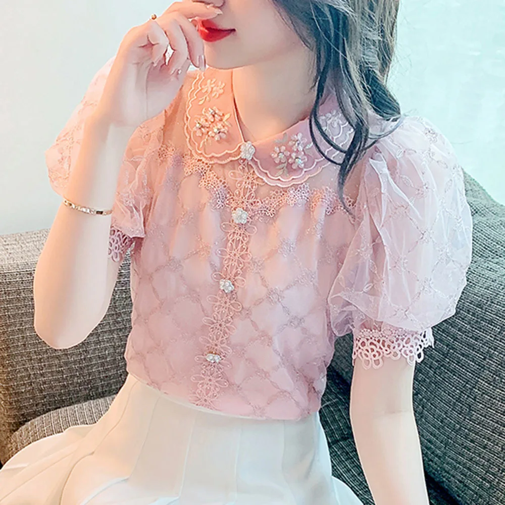 Korean Blusas Mujer Cute Loose Shirt Women Beading Peter Pan Collar Vintage Women Blouses Summer Short Puff Sleeve Tops