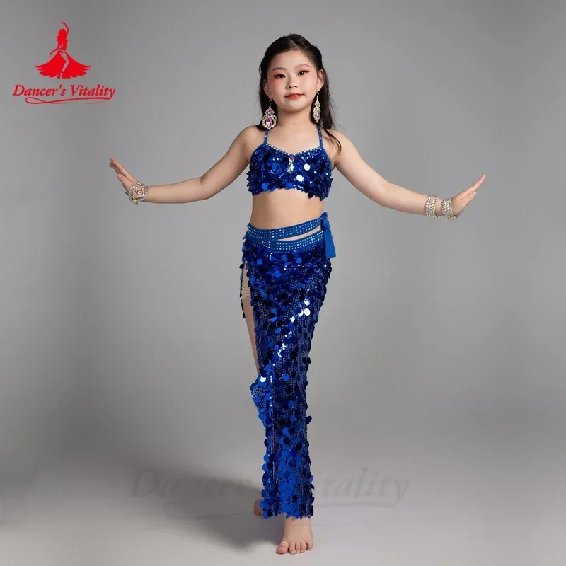 Belly Dance เสื้อผ้าชุดเด็กหรูหรา Rhinestone เลื่อมเครื่องแต่งกายประสิทธิภาพสาว Oriental Belly เต้นรําชุด