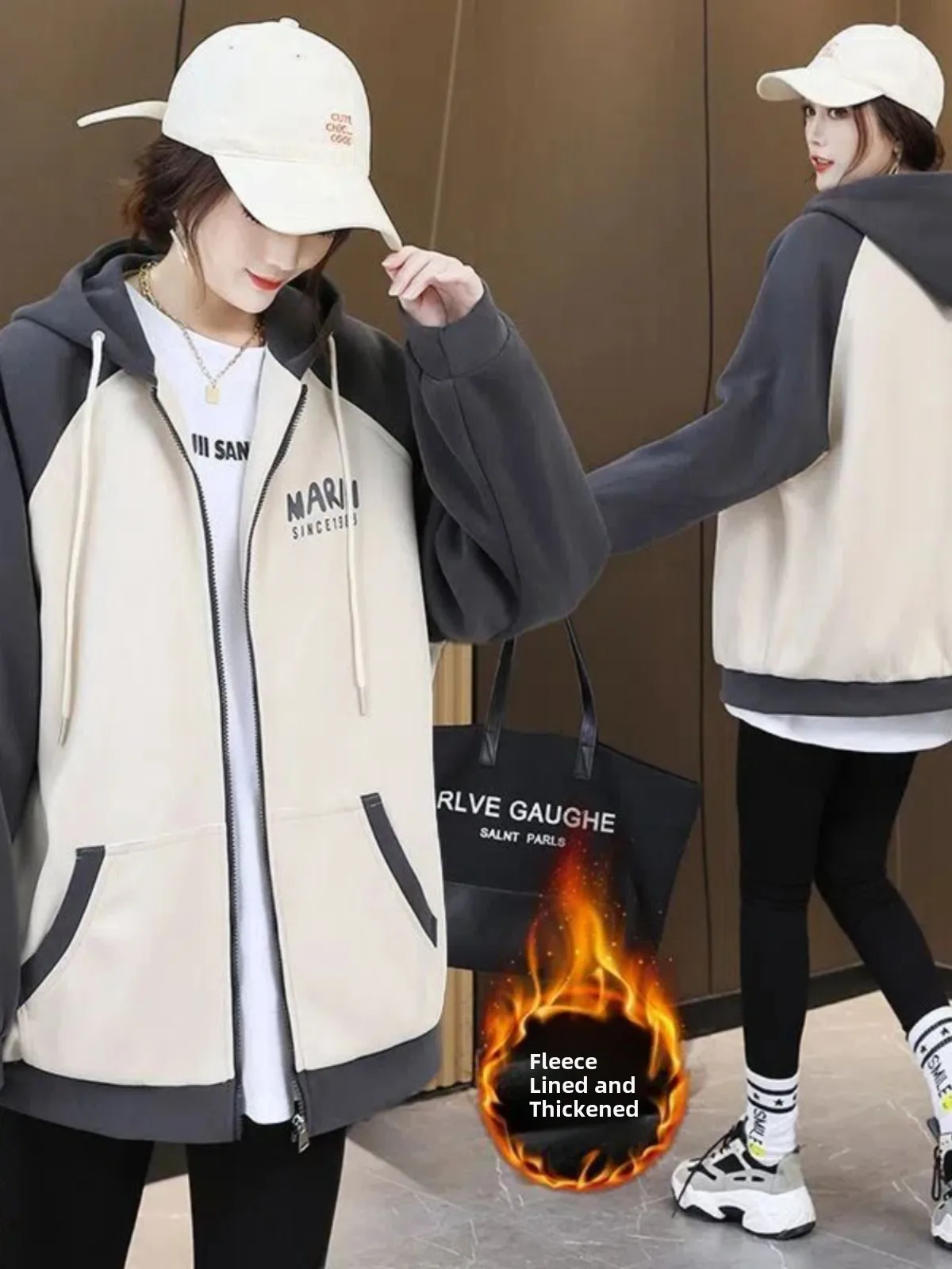 

Thickened Fleece Autumn Winter Hooded Jacket Loose Fit Casual Zipper Coat Large Size Patchwork Open Cardigan Stylish Versatil...