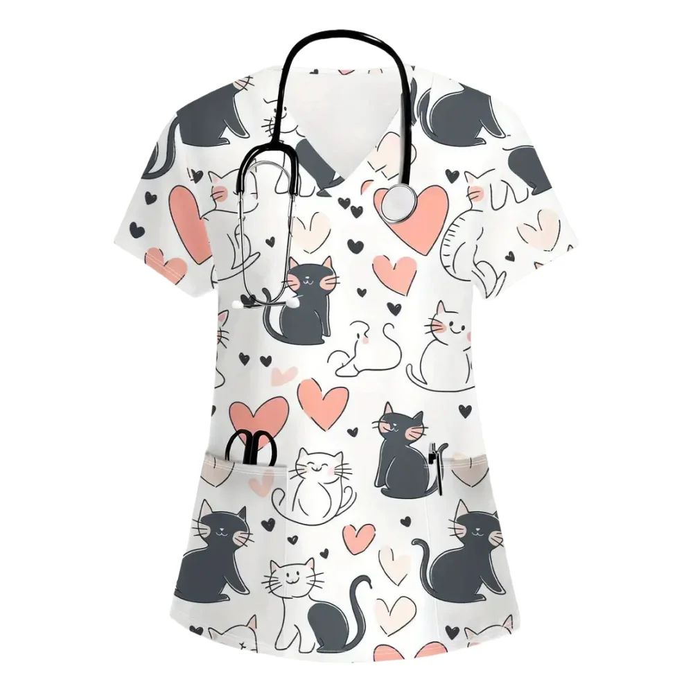 Uniformes de soins infirmiers vétérinaires chat mignon femme décontracté à manches courtes avec poches motif imprimé uniforme confortable uniforme chirurgical femme