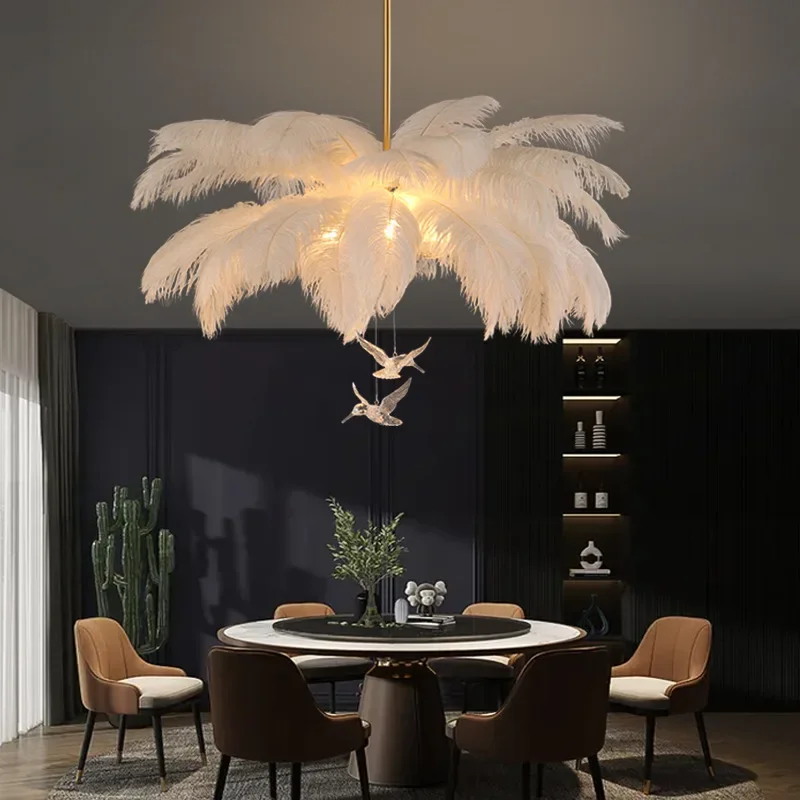 Nordic Ostrich Feather Led Chandelier Rod other bedroom Living Room Decoration Gold Pendant Lights Indoor Lighting Hanging Lamps