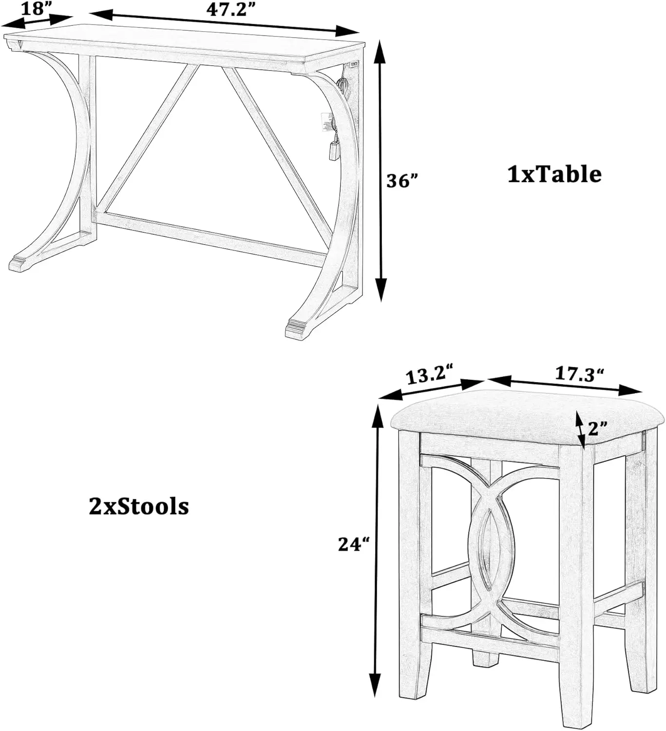 3 Piece Bar Dining Table Set, Counter Height Kitchen Table Set With Usb Port And 2 Upholstered Stools, Farmhouse Breakfast