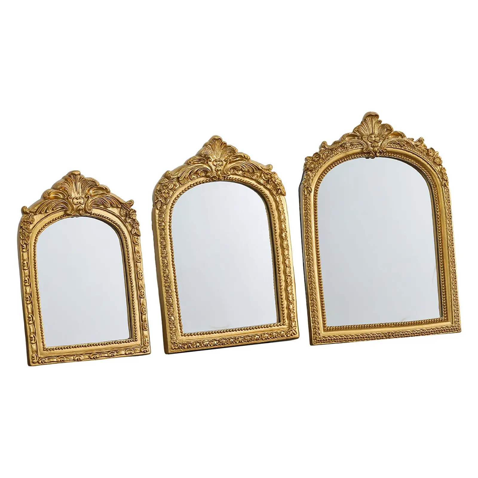 Espelho de maquiagem arqueado de ouro antigo, vidro de resina, espelho de vaidade de luxo, mesa decorativa para presente de festa de aniversário de casamento