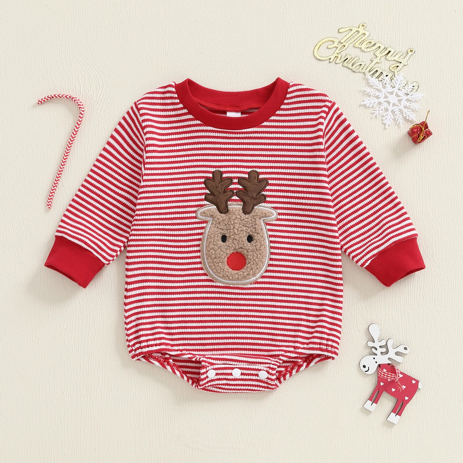 

0-18 Months Baby Striped Romper Fashionable Christmas Reindeer Embroidery Round Neck Long Sleeve Jumpsuit