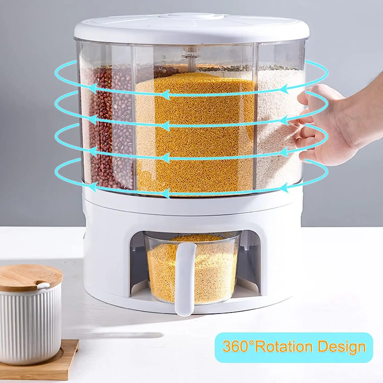 Kitchen Grain Dispenser, 360° Rotating 6 Grid Grain Dispenser, 24lb Rice and Grain Storage Container, One-Click Rice Output